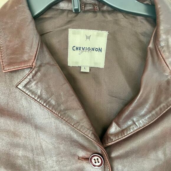 Y2K 90’s CHEVIGNON TRUCKER JACKET BLAZER COW GRAIN LEATHER MAROON SZ L VERSATILE - Picture 5 of 16